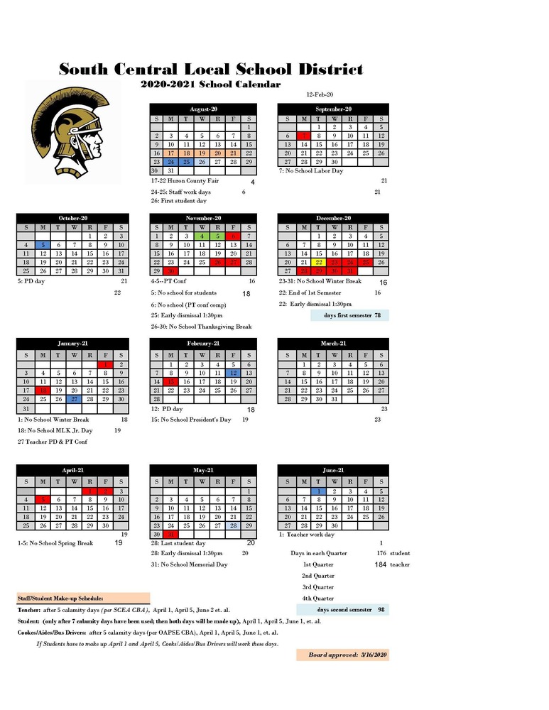 2020-2021 School Calendar | South Central Preschool