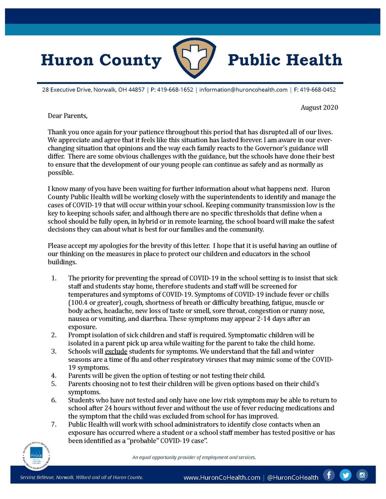 Letter from Health Department