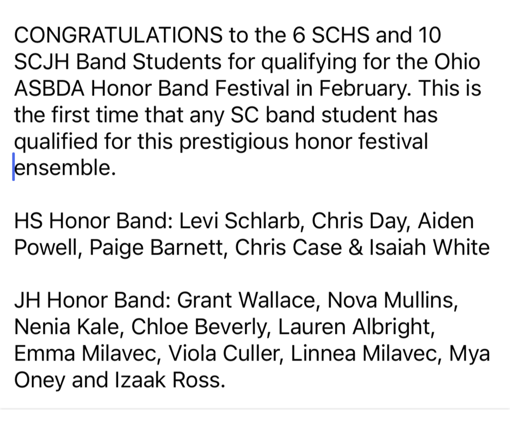SCHS and SCJH Honor Band Participants 1-23-23